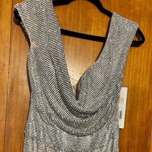 Jovani Cocktail Dress Nude/Silver Cowl Neckline Size 2